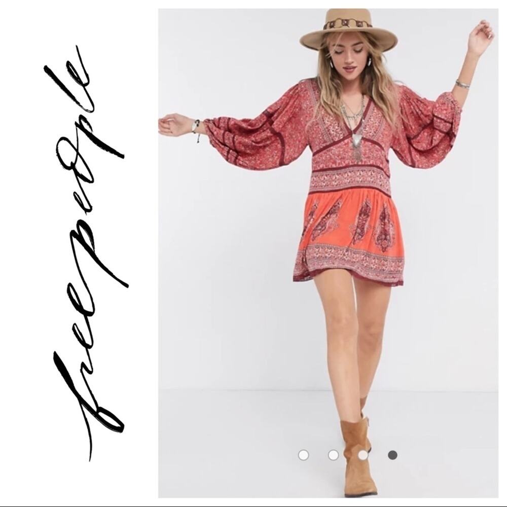 Free People Womens Bohemian Luna Scarf Print Balloon Sleeves Tunic Dress XS NWT